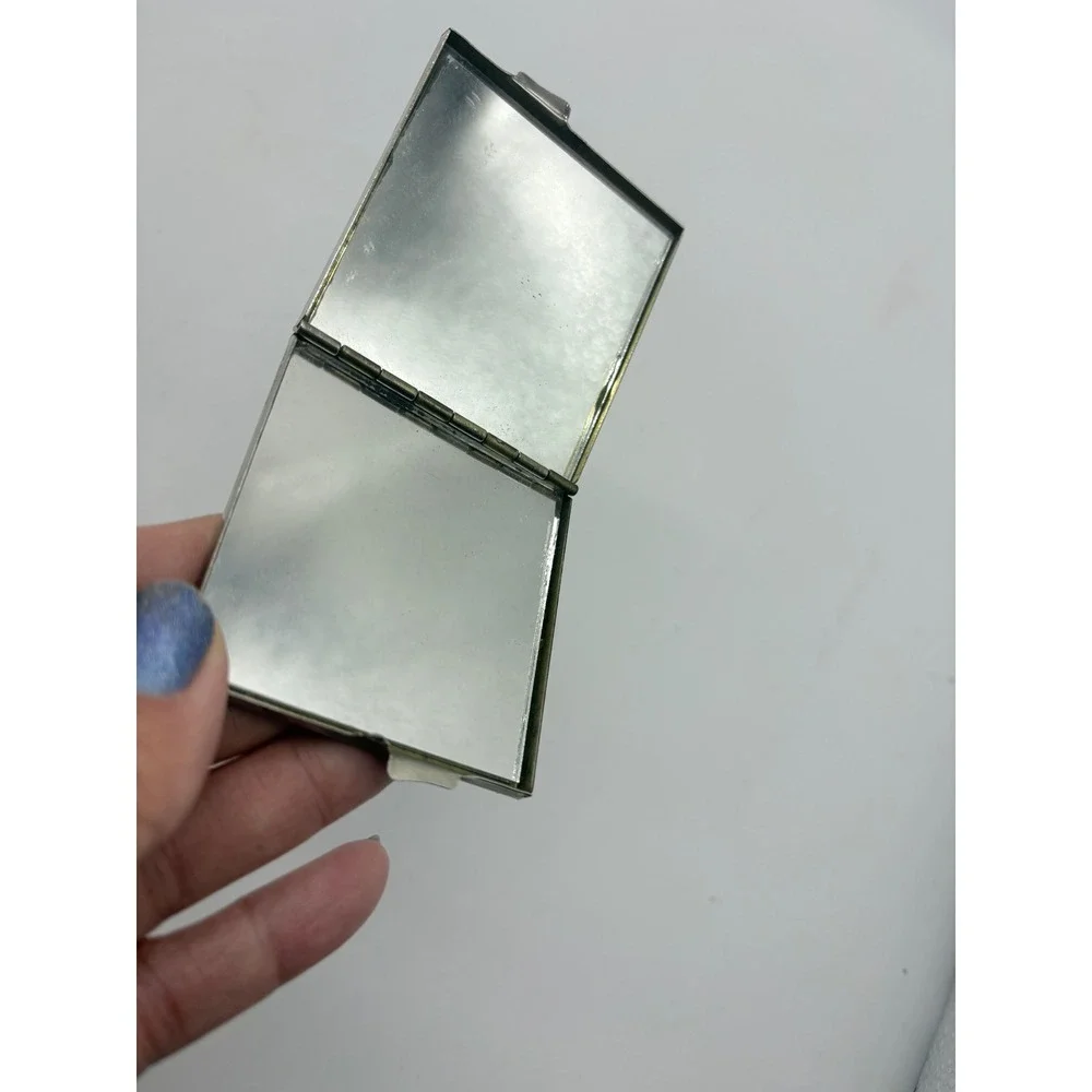 Vintage Square Silver Tone Makeup Compact Red Rose Floral Double Mirror